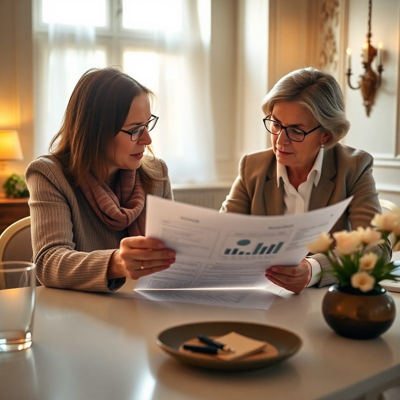 Pár středního věku prochází finanční plán u konzultačního stolu